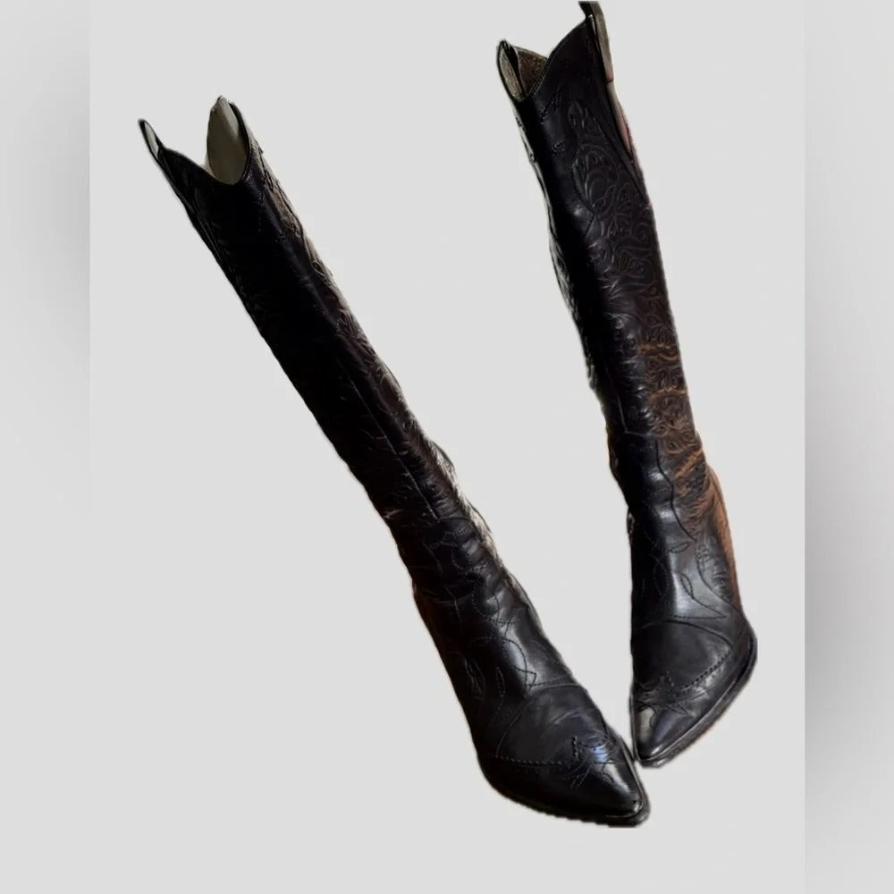 Genuine Leather Embroidered Black Tall Boots – Statement Heels - Picture 6 of 17